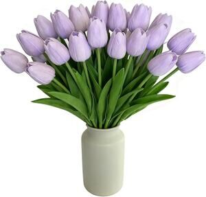 20pcs Purple 13.5 in Artificial Tulips Real Touch PU Faux Flower Wedding Bouquet